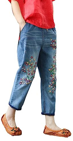 IQYU Pantacourt d'été pour femme - Jean stretch - Pantalon 7/8 pour femme - Jean d'été droit - Pantalon d'été long trois-quarts - Pantalon sarouel vintage avec jean brodé - Pantalon de loisirs stretch