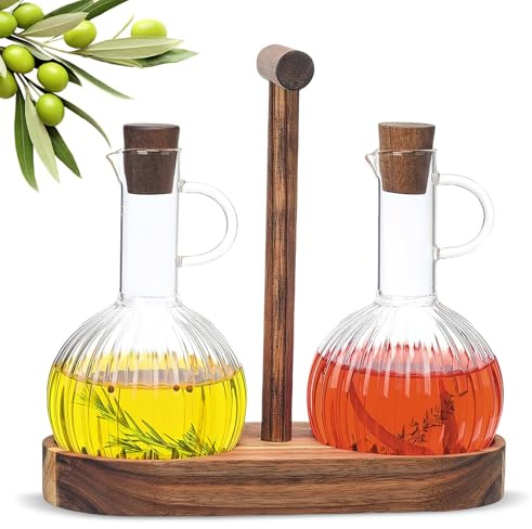 HARLIANGXY Ensemble de Bouteilles de Vinaigre et d'huile avec Supports en bois, 2x300ML Distributeurs d'huile Anti-gouttes, Recipient Huile d Olive et Vinaigre en Verre, Idéal pour Sauces, Vinaigrette