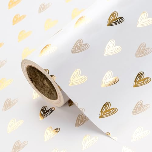 RUSPEPA Rollo De Papel De Regalo Con Forma De Corazón (Mini Rollo) (43,2 Cm X 5 M) - Diseño De Corazón Dorado Para San Valentín, Bodas, Despedidas De Soltera, Cumpleaños Y Baby Shower.
