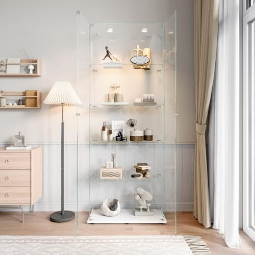 BestAlice Vetrina in vetro, armadietto da collezione con LED e lucchetto, armadietto con 2 ante, 5 ripiani, cassetta di presentazione, mobili trasparenti, per soggiorno, bar, bianco