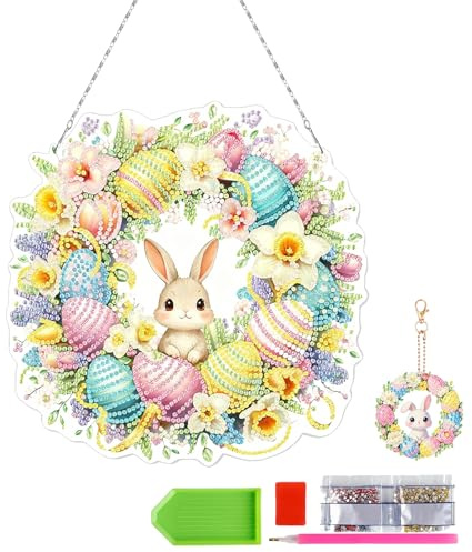 ZZHBSR Diamond Painting, ghirlanda pasquale con portachiavi, 5D, decorazione fai da te, set con catena sospesa, fai da te su entrambi i lati, per esterni e interni, balcone