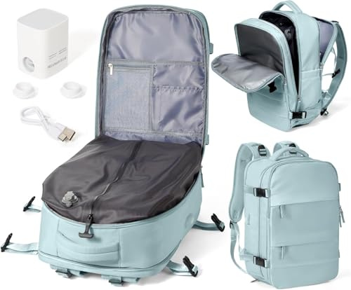 WEPOET Vacuum Backpack Travel with Pump for Man Women, Travel Carry on Backpack Flight Approved, Ryanair Cabin Bags 40x30x20, Waterproof Laptop Backpacks Casual Daypack, Light Blue