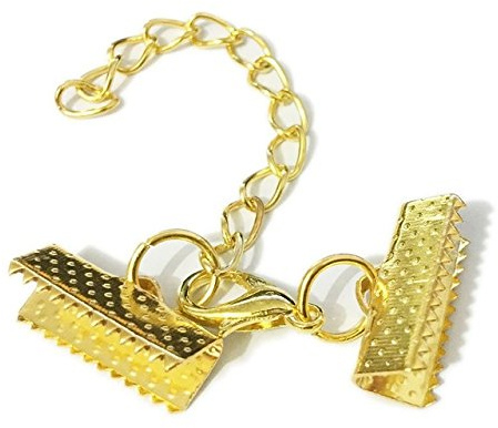 10 Set Ribbon Clamp Crimp Ends Beads Flat Cover with Lobster Claw Swivel Clasps Extension Chain Jump Rings Cords End Caps String Leather Clip Foldover Necklace Bracelet Connectors (Gold Crimp 16mm)