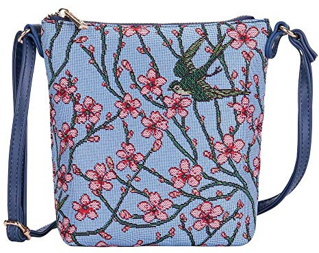 Signare Gobelin Kleine Umhängetasche Sling Bag für Frauen mit Vintage-Designs (Blüte und Schwalbe)