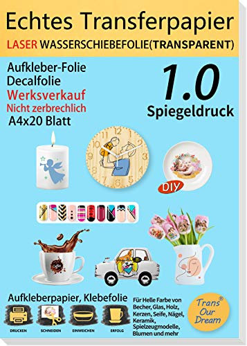 TransOurDream A4X20 Blatt,Laser Wasserschiebefolie(TRANSPARENT) Decal Abziehbild - Wasser Deacal Transferfolie,Nassschiebefolie für Spielzeugmodelle,Tassen,Keramik, Glas, Kunststoff,Kerzentattoos