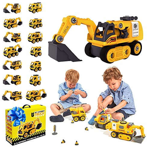 Liplay 14 in 1 DIY Assembly Truck Construction Toys for Boys and Girls – Take-Apart Excavator Toy – 76 PCS Digger Toys with Screwdriver and Instruction Manual - Child Safe Boys Toys Age 3 4 5 6 7 8