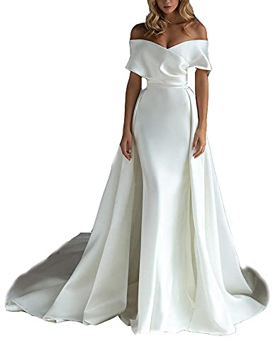 yhfshop Robe de Cocktail Femme Blanche en Satin de Mariage, Longue Soirée, White_34