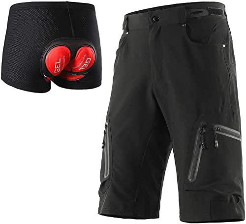 FASCINATDECO Herren MTB Hose mit 3D Sitzpolster Radhose Kurz Männer Fahrradhose, Schnelltrocknend Atmungsaktiv Herren Radlerhose Mountainbike Hose (Schwarz mit Pad,L)