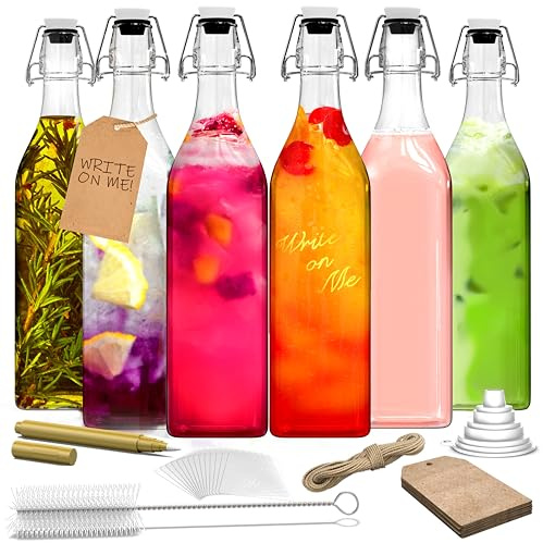 Nevlers 33 Oz Square Swing Top Glass Bottles with Stoppers | Flip Top Glass Bottle with Stopper 6 Pack | 1 L Syrup Bottle Set w/Funnel, Brush, Marker, Tags & Shrink Wrap | Dressing & Coquito Bottles