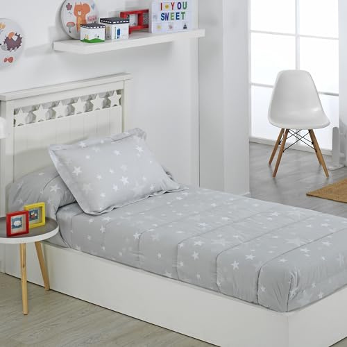 DHESTIA HOME Edredón Ajustable Infantil Cama 90 y Cama 105 Stars Gris Color Gris Talla Cama 105