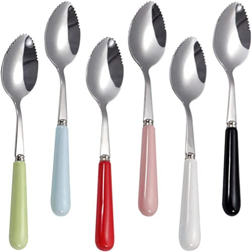 Set di 6 cucchiai di pompelmo con bordi seghettati rotondi, cucchiaio seghettato in acciaio inossidabile con manico in ceramica multicolore, kiwi mela agrumi, set di cucchiai da dessert