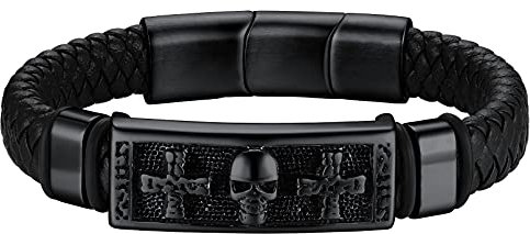 FaithHeart Schwarz Totenkopf Lederarmband Punk Retro Skull Schädel Armreif mit Magnet Verschluss Gotik Freundschaftsramband für Herren Männer