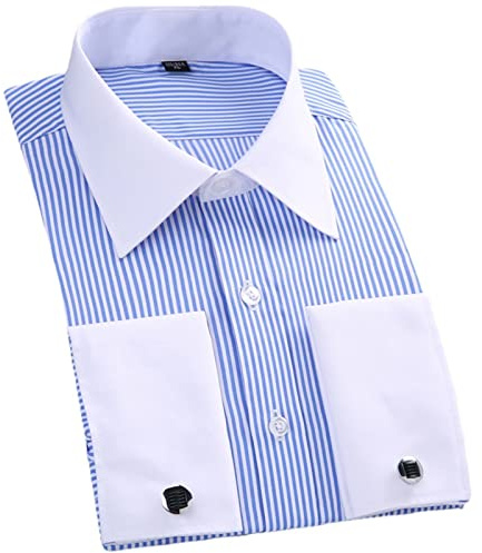 MAOAEAD Camicia da uomo a maniche lunghe con polsini francesi classici Camicia a righe con taschino singolo Camicie business a vestibilità standard
