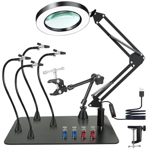 Dritte hand Löten, Magnetische Löthilfe Helfende Hand mit 10X Lupe Licht, Lötstation mit 4 PCB-Säulen 4 flexibel Arme und 1 Mechanischer Tragarm, Löthilfe für Schweißer, Schmuckhersteller, Handwerk