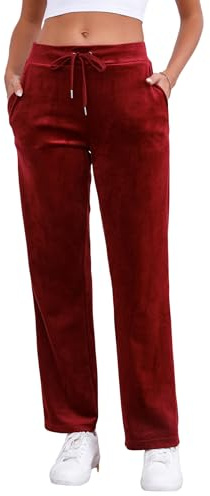 Pescool Velour Pants for Women, Straight Leg Womens Velour Sweatpants, Velvet Wide Leg Lounge Pants for Women with Pockets (Wine, M)