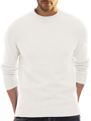 Aotoyou - Jersey de punto fino con cuello redondo para hombre, tejido suave y manga larga, blanco, XL