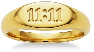 munone 6mm 14K Gold Plated 1111 Angel Number Signet Rings for Women,Hypoallergenic Titanium Statement Ring,Sync with the Universe Spiritual Statement Band
