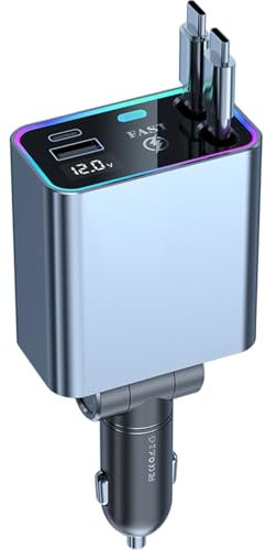 Thlevel Retrattile Caricatore Auto 4 in 1 Caricabatteria Cavi 66W USB C Ricarica Rapida con Display di Tensione Compatibile con iPhone Galaxy Huawei per 12V 24V Car