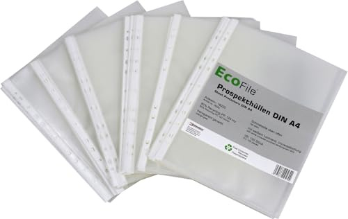 Lot de 100 pochettes A4 durables en polypropylène recyclé post-consommateur 120 my transparent grainé avec marge de classement - Côté étroit ouvert sur le dessus