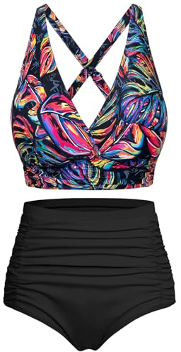 Voqeen Mujer Bikinis Reductor Barriga Cintura Alta Traje de Baño 2 Piezas Push Up con Relleno Conjuntos de Bikinis de Playa Bañadores de Natacion Cuello en V Bikini Top y Braga Ajustable