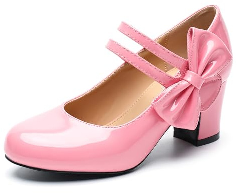fereshte Mary Jane Damen-Pumps mit Schleife, runder Zehenbereich, klobiger Absatz, seitliche Schleife, Kleid, Rosa Lackierung, 37.5 EU