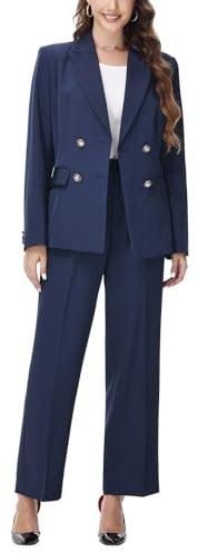 Lamgool Women's 2 Piece Set Double Breasted Blazer and Pants Suit Business Outfits for Work Office(Deep Blue,L)