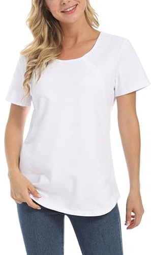 Runstarshow Nursing Tops for Women UK Breastfeeding Tshirt Zip Cotton Maternity Short Sleeve Clothes Loose Postpartum Clothing Solid Color Plus Size S-4XL White
