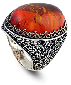 Jewellery Pit Anillo hecho a mano para hombres, anillo de plata hecho a mano turco para hombre, otomano, ámbar, regalo él, plata de ley 925k