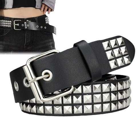 Timbre punk con remache para mujeres y hombres, cinturón ajustable de piel sintética con tachuelas cuadradas de metal, campana gótica de moda | Beelt tachonado pirámide | Streetwear Rock Emo estilo