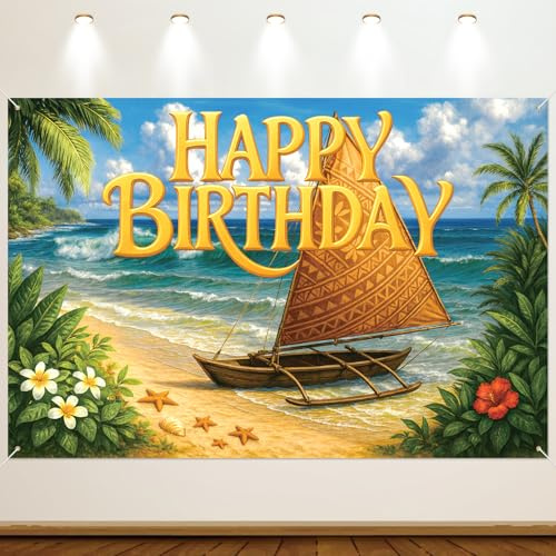 Toile de Fond Anniversaire Océan, 150x100cm Île Tropicale Bannière Joyeux Anniversaire Fond Décorations Intérieures et Extérieures Fille Océan Thème mer Plage d'Été Articles de Fête (Style B)