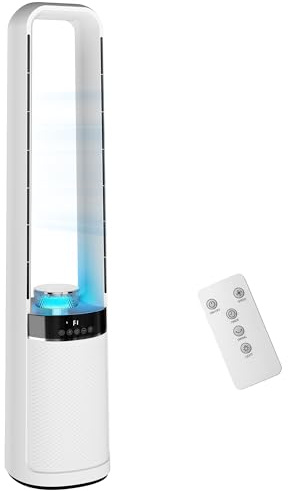 HOMCOM Bladeless Tower Fan for Bedroom, 36dB Standing Cooling Fan with Oscillating, LED Lights, 3 Speeds, 12H Timer, Remote Control, 37 inch, White
