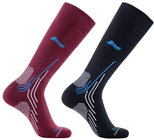 Laulax Mens 2 Pairs Ultra Comfort Smooth Toe Merino Wool Winter Ski Socks, Size UK 7-11 / Europe 40-46, Gift Set, Black, Burgundy