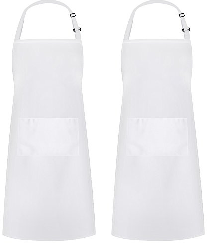 Syntus 2 Pack Adjustable Bib Apron Thicker Version Waterdrop Resistant with 2 Pockets Cooking Kitchen Aprons for Women Men Chef, White