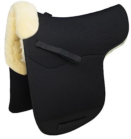 Engel Reitsport | AirTec Lammfell Satteldecke mit Funktionsgewebe AT-SADEK1-D-SCH-MED wirbelsäulenfrei Fellkranz vorne Schwarz/Med. D (Dressur)