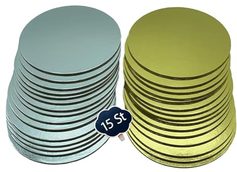KitchENDREAM Kakbrädeset, tårtunderlägg, guld och silver, 3 mm tjockt kartong, för servering, transport och stapling av tårtor och kakor, livsmedelssäker beläggning, 15 stycken x 26 cm