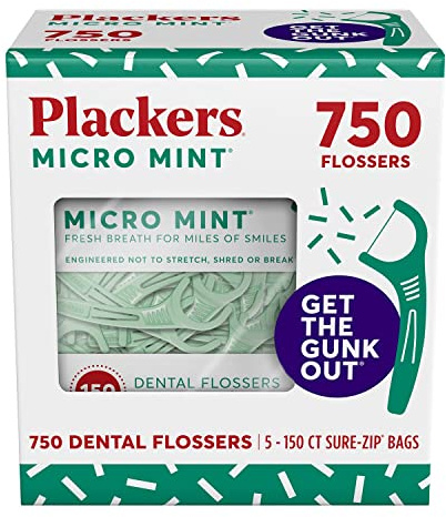 Plackers Micro Mint Dental Flossers, Fold-Out Toothpick, Super Tuffloss, Easy Storage with Sure-Zip Seal, Fresh Mint Flavor, 750 Count (Pack of 5)