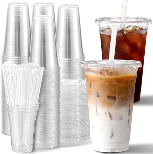 AOZITA [100 Sets] 16 oz Clear Plastic Cups With Lids and Straws, Disposable Cups With Lids for Iced Coffee, Smoothie, Milkshake and Cold Drinks (New-16-100)