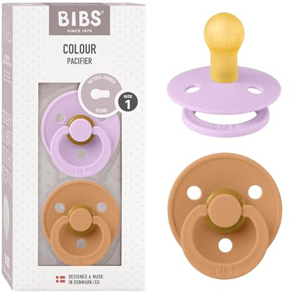 BIBS Colour Dummy, 0-6 Months, 2-Pack, Round Teat, Violet Sky/Pumpkin | Natural Rubber Latex | 0-6 months | BPA-Free | Made in Denmark | High Teat Acceptance