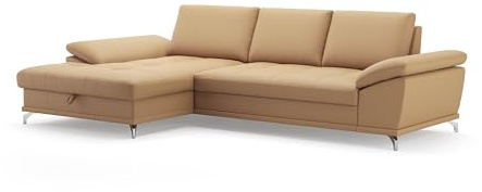 CAVADORE Divano angolare Castiel con anima a molla/divano angolare con grande longchair, regolazione della profondità della seduta e piedini in metallo nero opaco / 301 x 89 x 176 / vera pelle beige