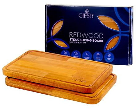 Giesty Set med 2 serveringsplattor, biffbrädor med juicegaller, serveringsbrädor för charcuteri, ost, kött, grönsaker och korv (Redwood, 26 x 17 x 1,5 cm)