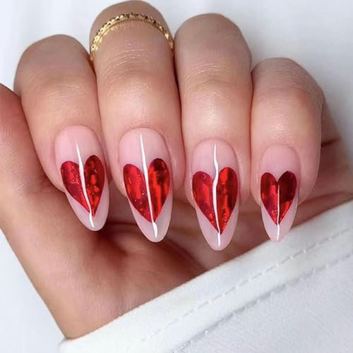 Medium Length Fake Nails with Sparkling Red Heart Pattern as Valentine's Day Gift for Women and Girls, 24pcs