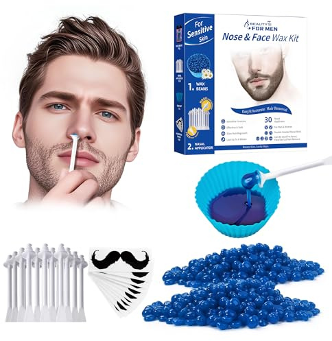 Nose Wax Kit for Men, Ear Hair Removal with 50g Wax Beans, 30 Applicators, 10 Moustache Stencils,1 Silicone Cup, Painless, Easy and Quick Facial Hair Remover