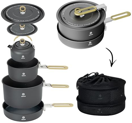 Alocs Camping Cookware, Portable Non-Stick Camping Pan Set with Enhanced Handle, Ideal for Outdoor Kitchen, Picnic, Hiking and Fishing