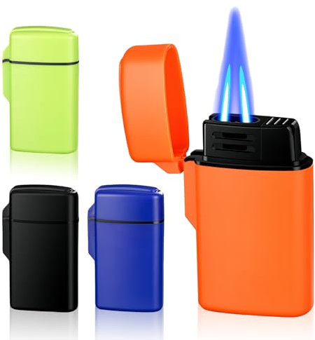 Lot de 4 briquets tempête à double jet - Cadeau pour hommes et femmes - Sans gaz (orange, bleu, vert, noir)