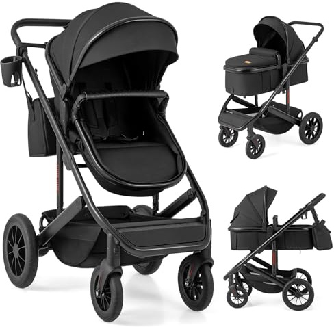 COSTWAY 3 in 1 Baby Stroller, Foldable Aluminum Frame Travel System Pram with Reversible Seat, Adjustable Canopy & Handle, Diaper Bag, Infant Newborn Pushchair for 0-36 Months (Black)