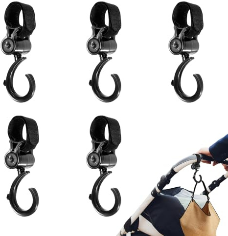 Hpmjz 5 ganchos para colgar con rotación de 360°, multiuso, ganchos para bolsa de pañales, mosquetón ajustable para cochecitos de bebé, silla de ruedas, clip para andador, carrito de compras