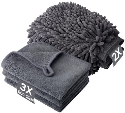 VAGCARS Kit Nettoyage Voiture, 3 Chiffon Microfibre et 2 Gant de Lavage Microfibre, Essuie-Tout 600 G/M², Voiture pour sans Rayures et Poli, Ultra Absorbant