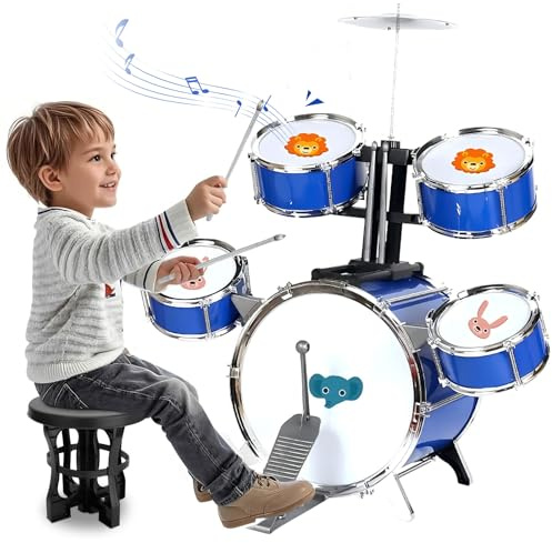 NonKob Batería Niños Instrumento Kit, Juego de Batería de Jazz Infantil 5 Tambores Percusión con Taburete, Musicales Infantiles Regalos Juguetes para de 3 4 5 6 7 Años Niños y Niñas