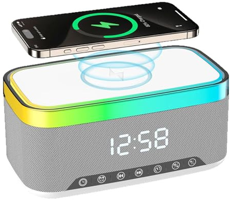 PORFOYO Wecker Digital, Wecker mit Ladestation, Radiowecker Funkuhr Digital mit Bluetooth Lautsprecher 6 Farben Nachtlicht 15W Kabelloses Ladegerät für iPhone Samsung