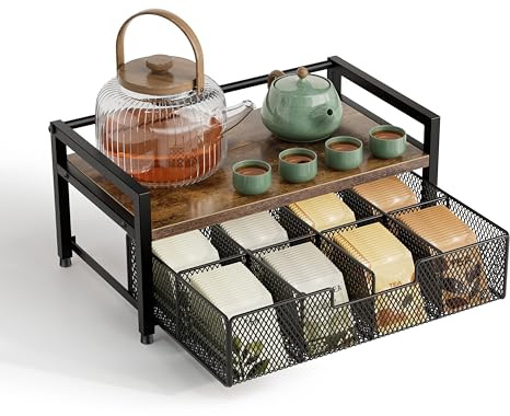 Segtenant Tea Bag Organizer, Tea Bag Holder with Drawer, Wood and Metal Tea Organizers and Storage Chest for Countertop Kitchen, Office, Rustic Brown